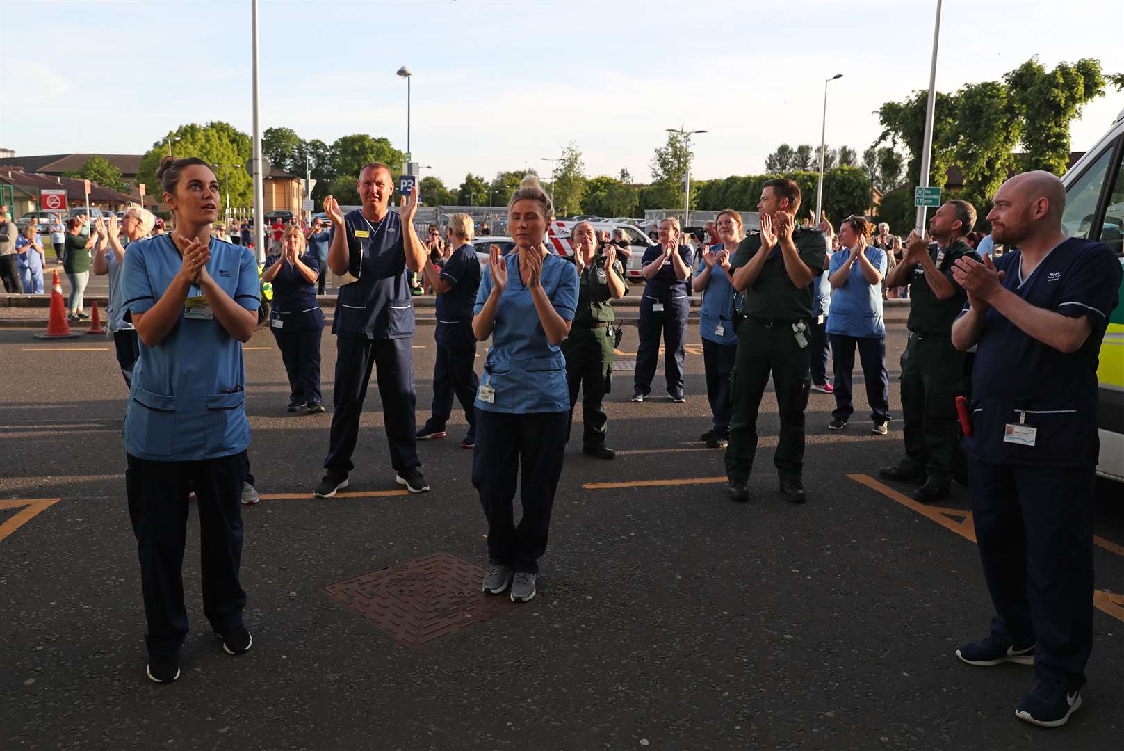 Staff gathered at Queen Elizabeth University Hospital in Glasgow (Andrew Milligan/PA)