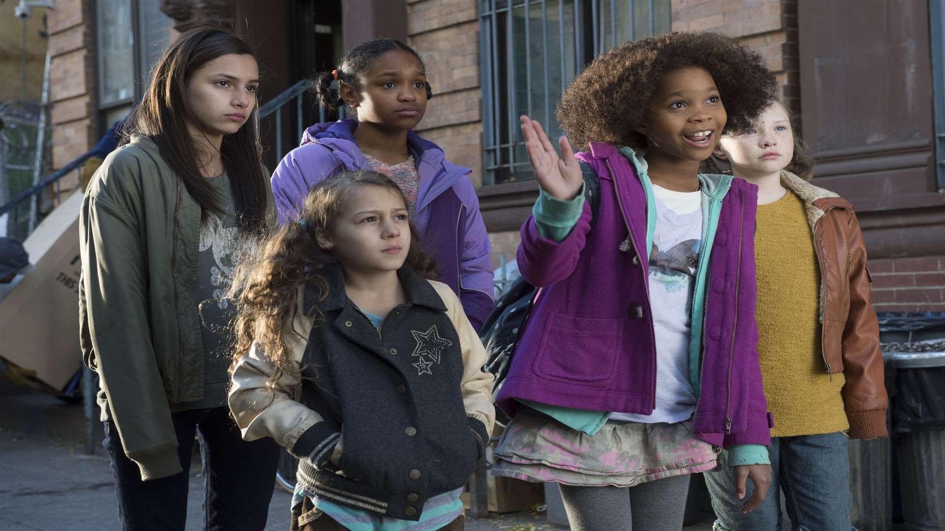 Pepper (Amanda Troya), Mia (Nicolette Pierini), Isabella (Eden Duncan-Smith), Annie (Quvenzhane Wallis) and Tessie (Zoe Margaret Colletti) in Annie. Picture: PA Photo/Handout/Sony Pictures/Barry Wetcher