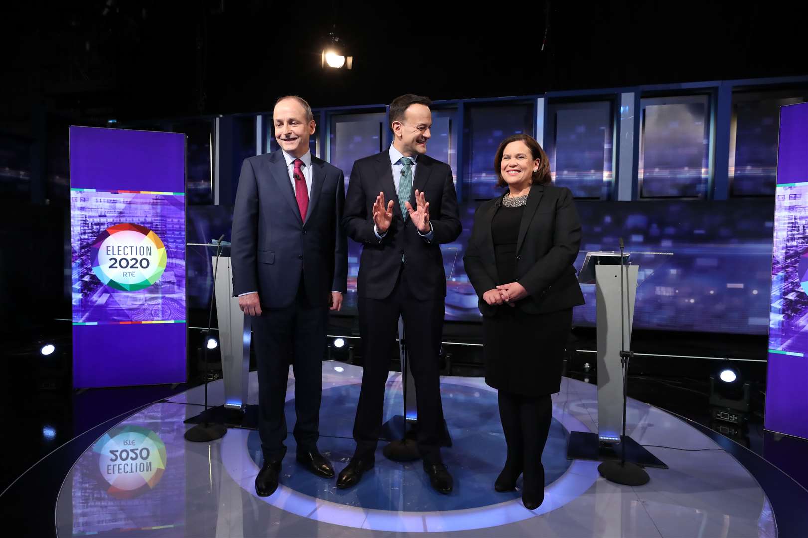 Fianna Fail leader Micheal Martin, Fine Gael leader Leo Varadkar and Sinn Fein President Mary Lou McDonald at the final TV leaders’ debate (Niall Carson/PA)