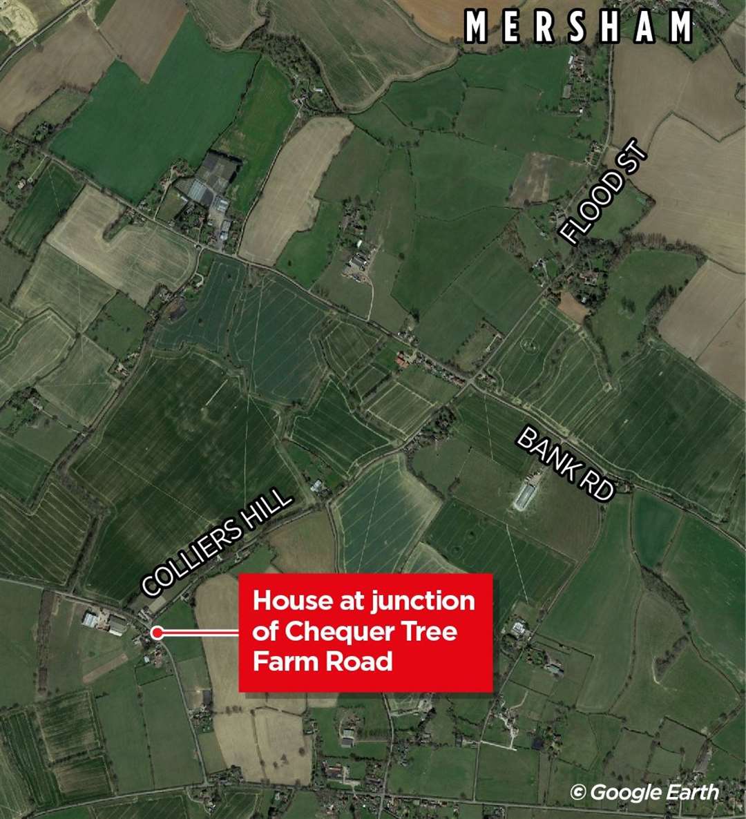 The house is close to Mersham at the junction of Chequer Tree Farm Road and Colliers Hill. Picture: KMG