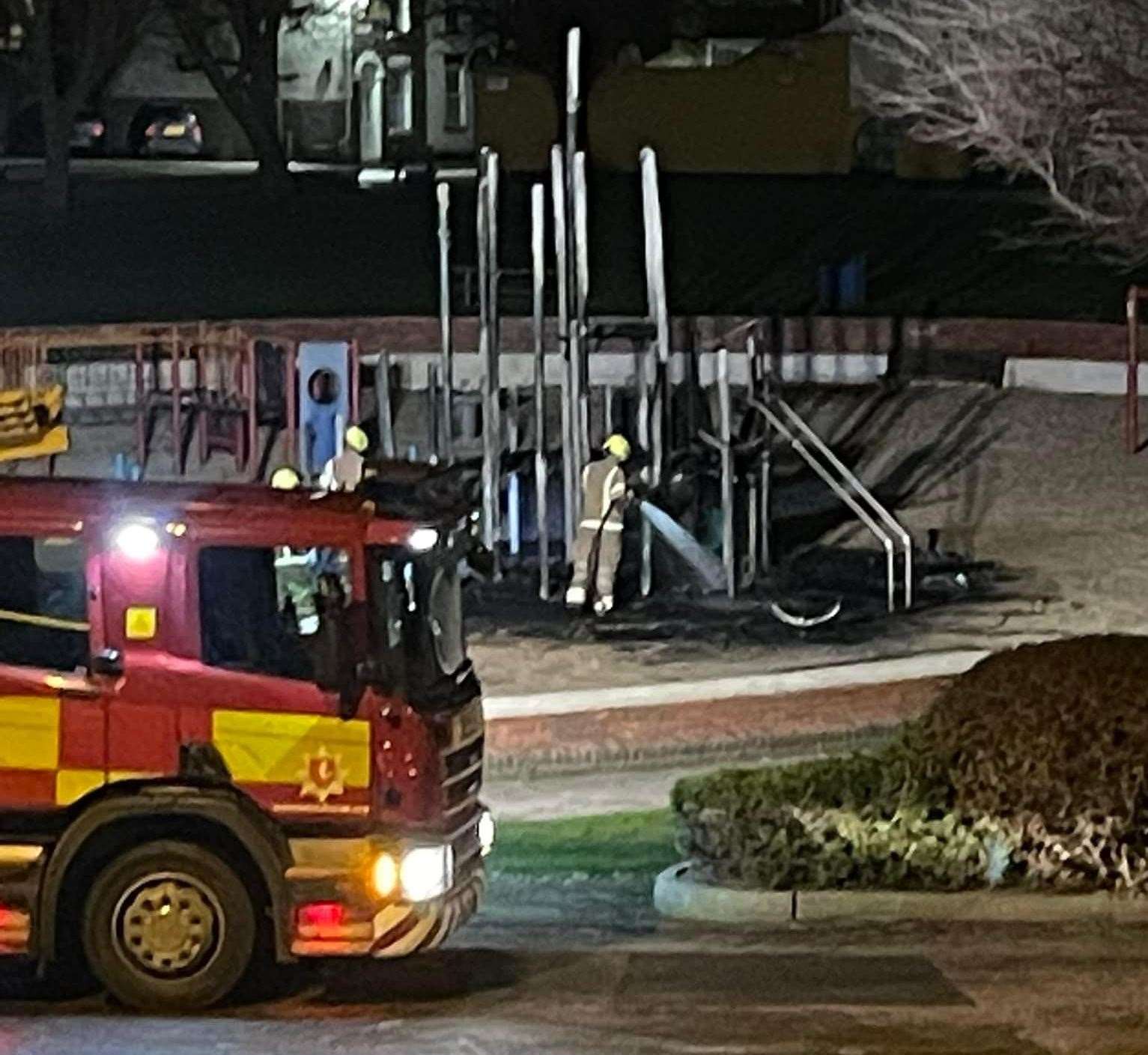 Fire crews worked to extinguish the blaze in Sheerness this evening. Picture: Shelby Smith