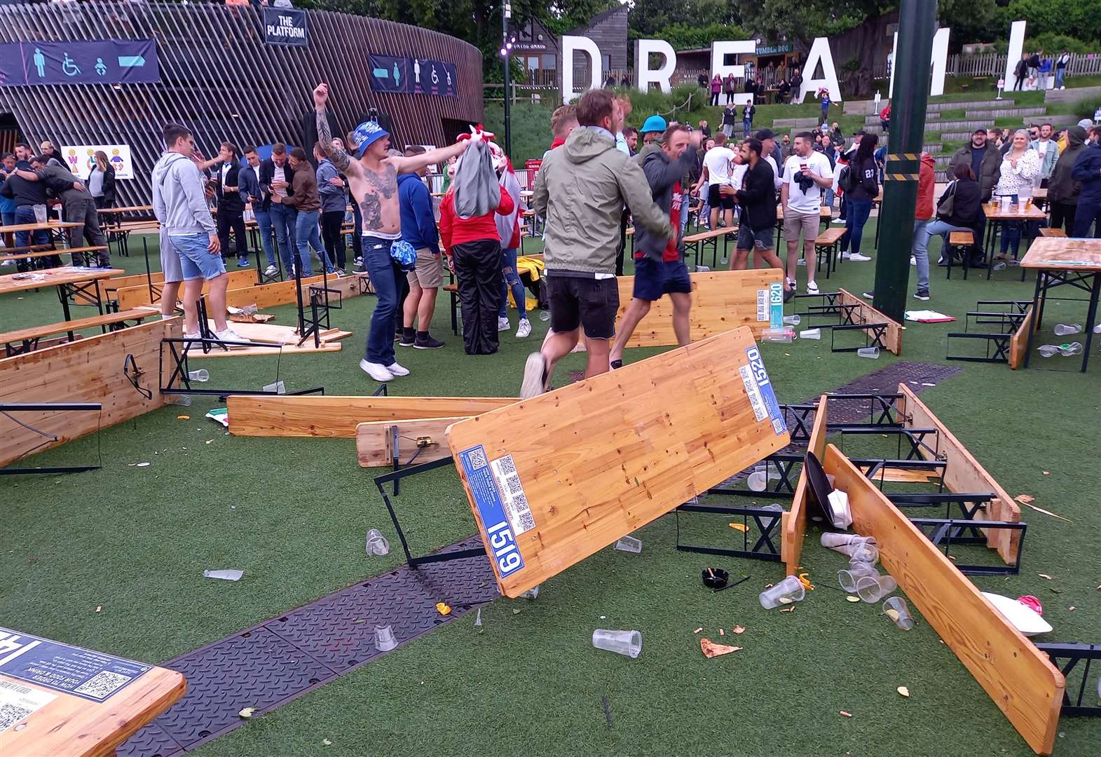 Fans overturned tables at Dreamland after England went 2-0 up