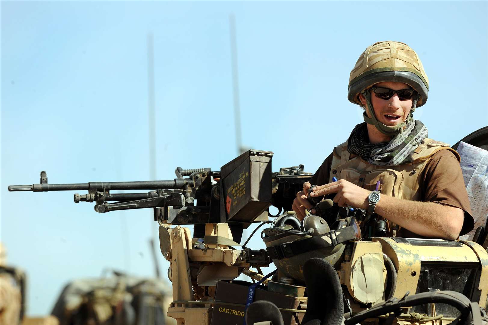 Harry on a Spartan armoured vehicle in Helmand Province, Southern Afghanistan in 2008 (John Stillwell/PA)