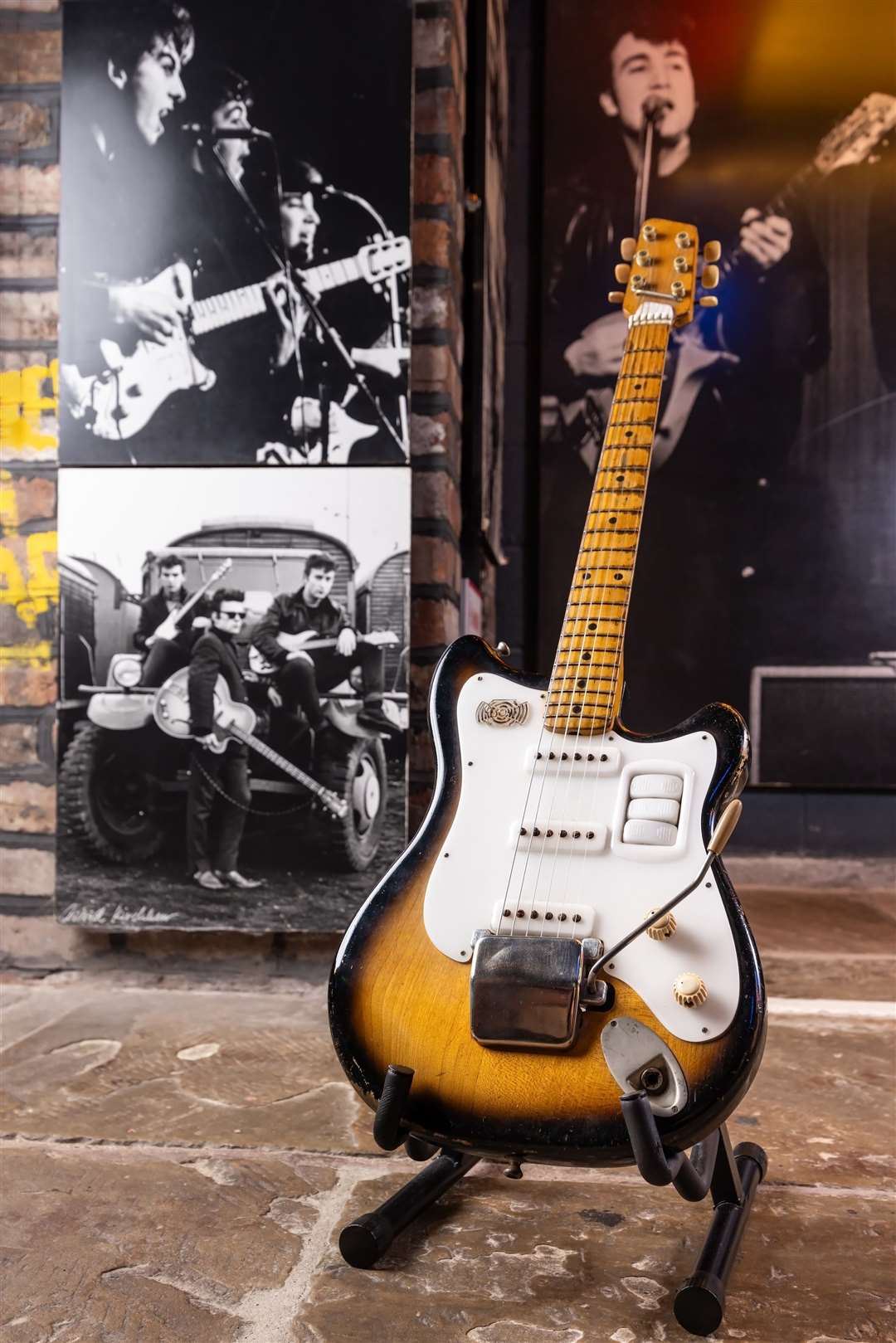 The Futurama electric guitar is on display at The Beatles Story in Liverpool before going up for auction in Nashville, Tennessee (The Beatles Story/PA)