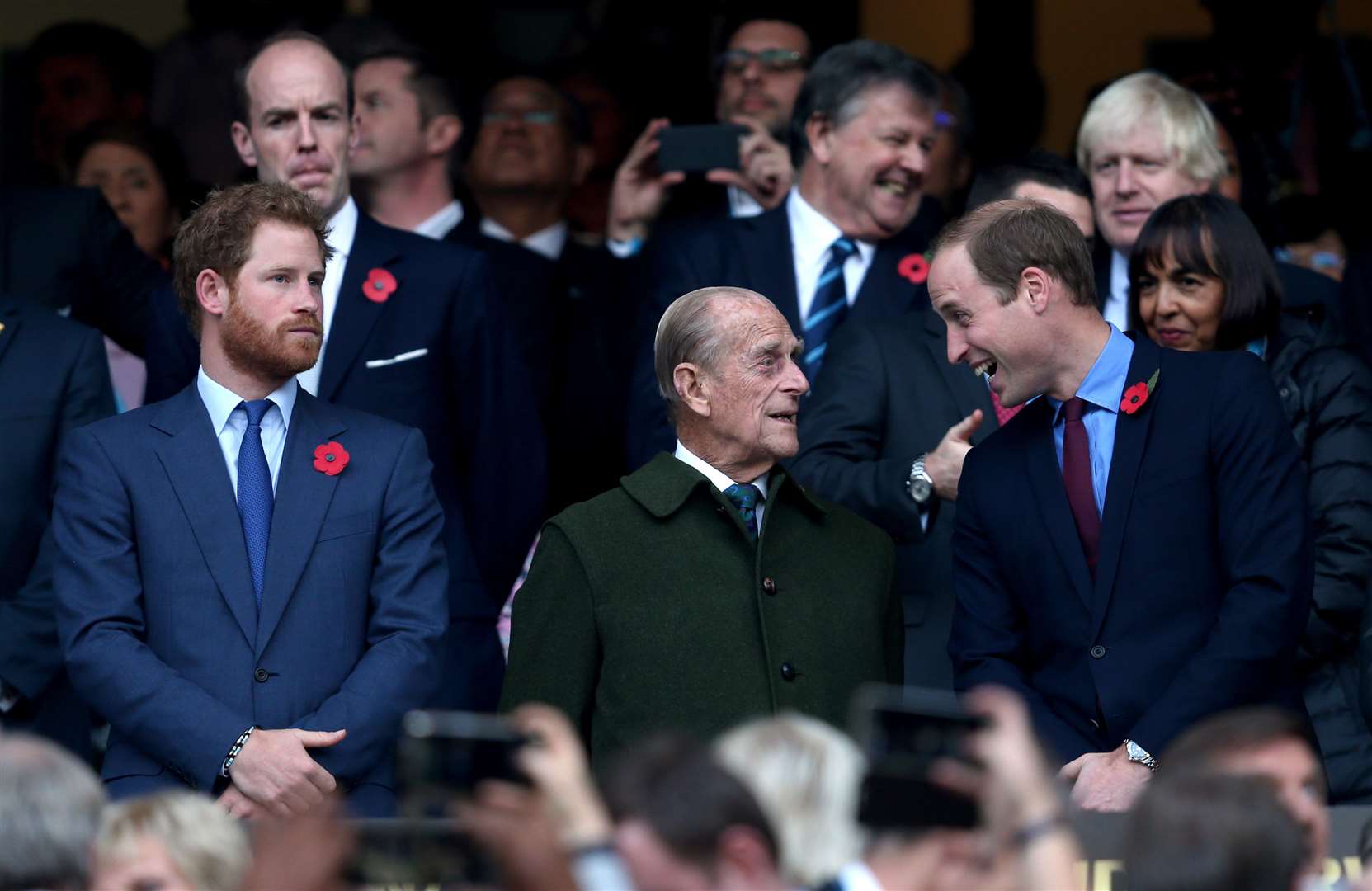 Harry, the Duke of Edinburgh and the Duke of Cambridge during the Rugby World Cup Final at Twickenham (David Davies/PA)