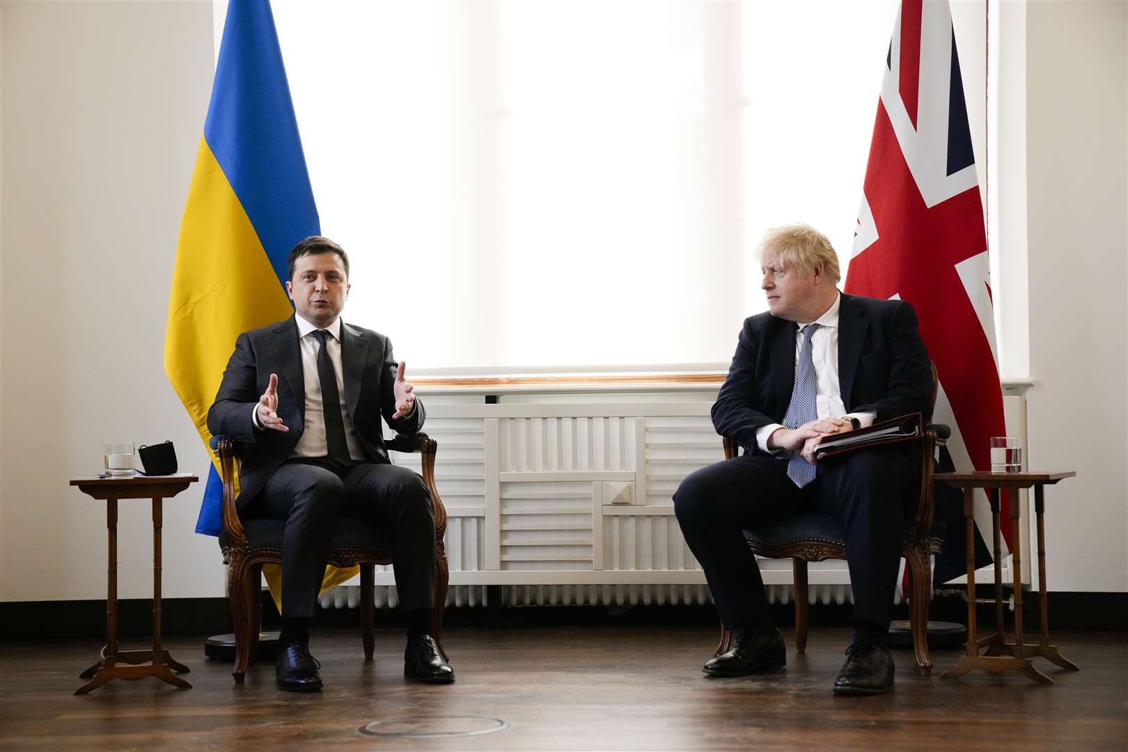 Ukrainian President Volodymyr Zelenskyy attends a meeting with Prime Minister Boris Johnson at the Munich Security Conference in Germany where the Prime Minister on Saturday