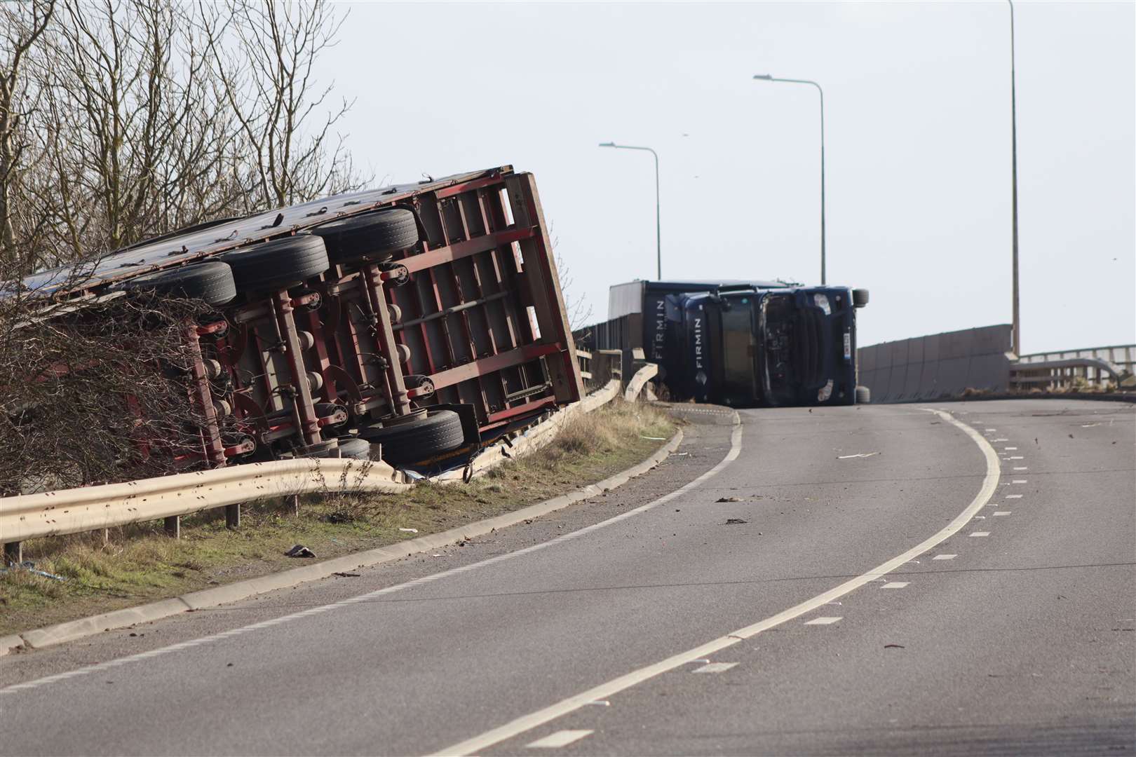 Storm Eunice - which overturned these two HGVs on Sheppey earlier this year - saw the forum coordinate the county's response. Picture: John Nurden