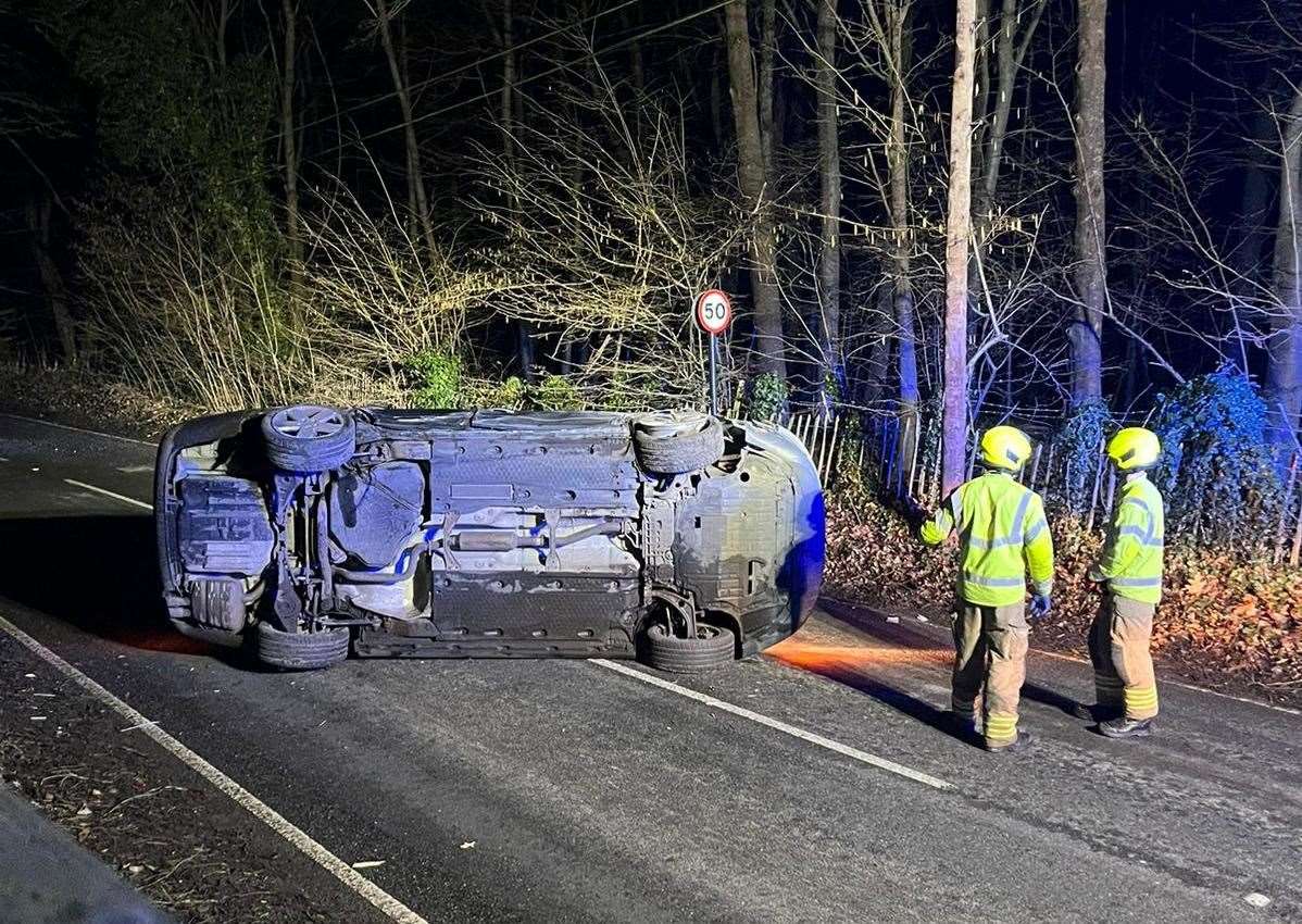 A car flipped on its side on Shipbourne Road on Saturday. Picture: Mike Golding