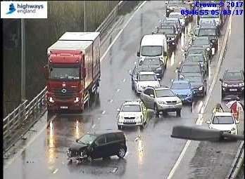 Traffic was held on the motorway following the crash. Picture: Highways England