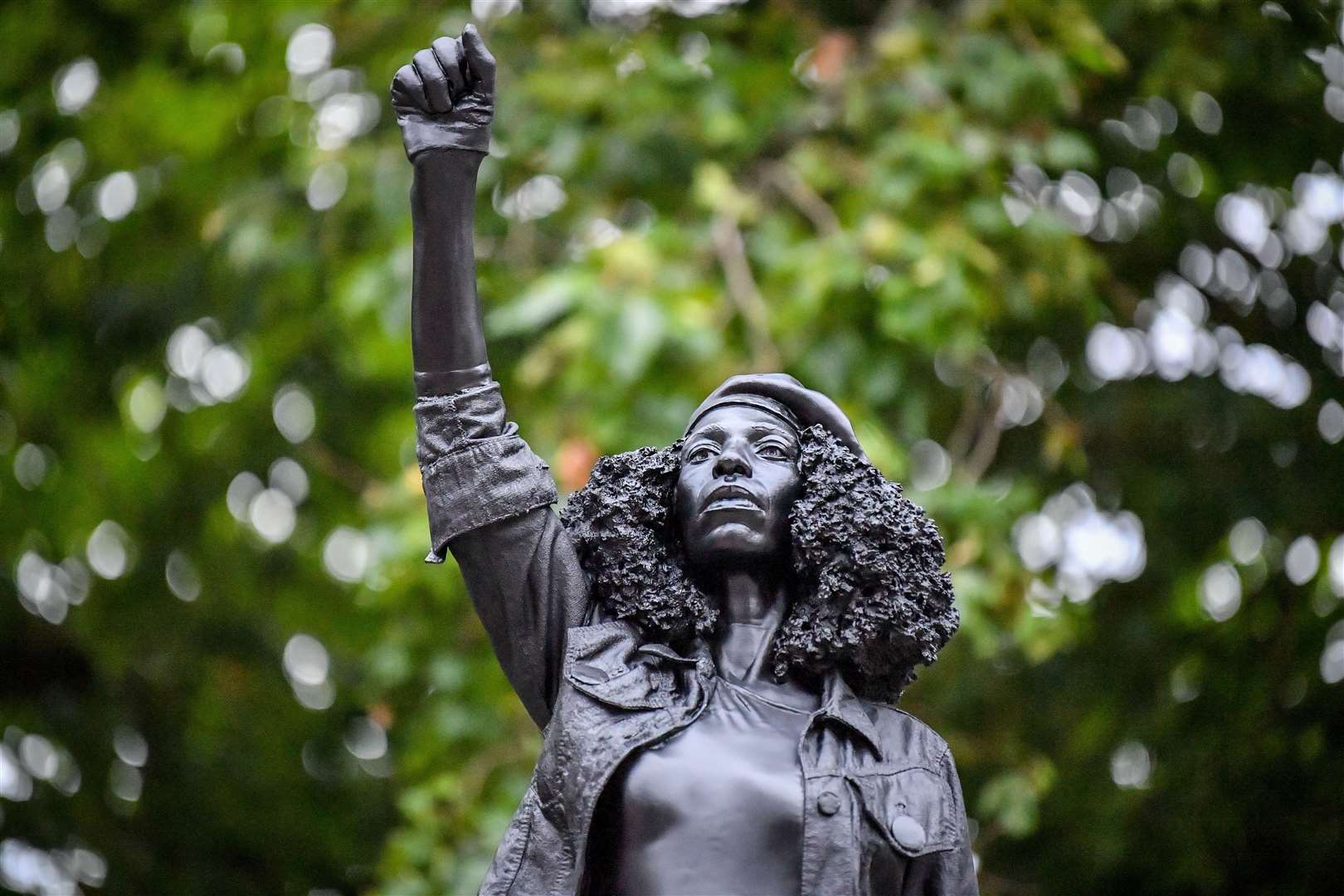 The black resin and steel statue is titled A Surge of Power (Jen Reid) 2020, by Marc Quinn (Ben Birchall/PA)