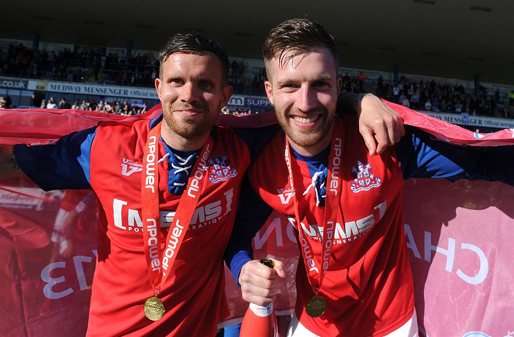 Adam Birchall and Matt Fish, both ex Dover players, celebrating promotion with Gillingham Picture: Barry Goodwin