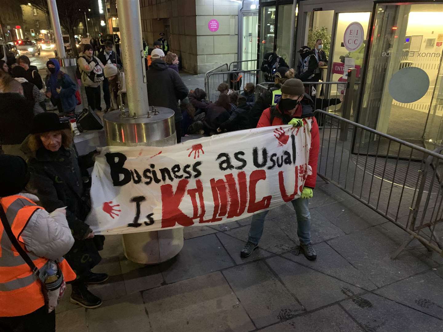 Activists disrupting the Scottish Energy Forum’s black-tie events at the EICC on Friday night (Extinction Rebellion Scotland/PA)