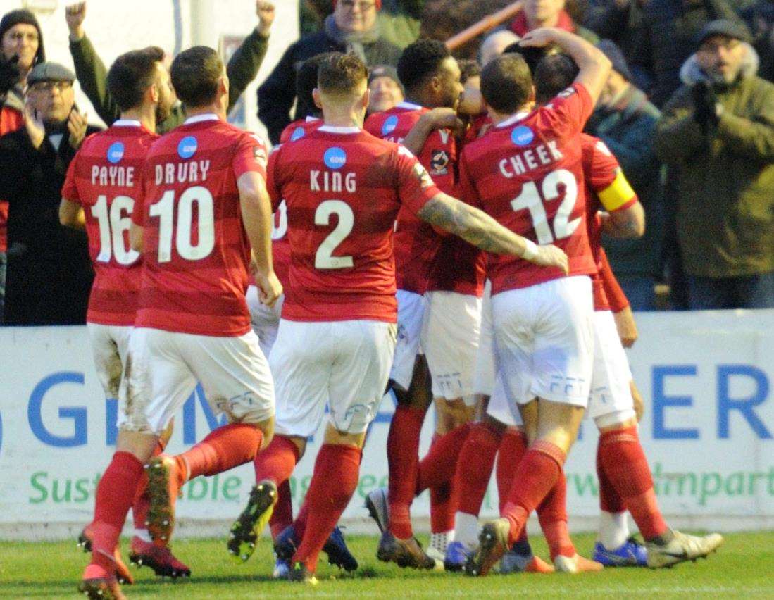 Ebbsfleet celebrate during their home win over National League leaders Leyton Orient last month. Picture: Simon Hildrew