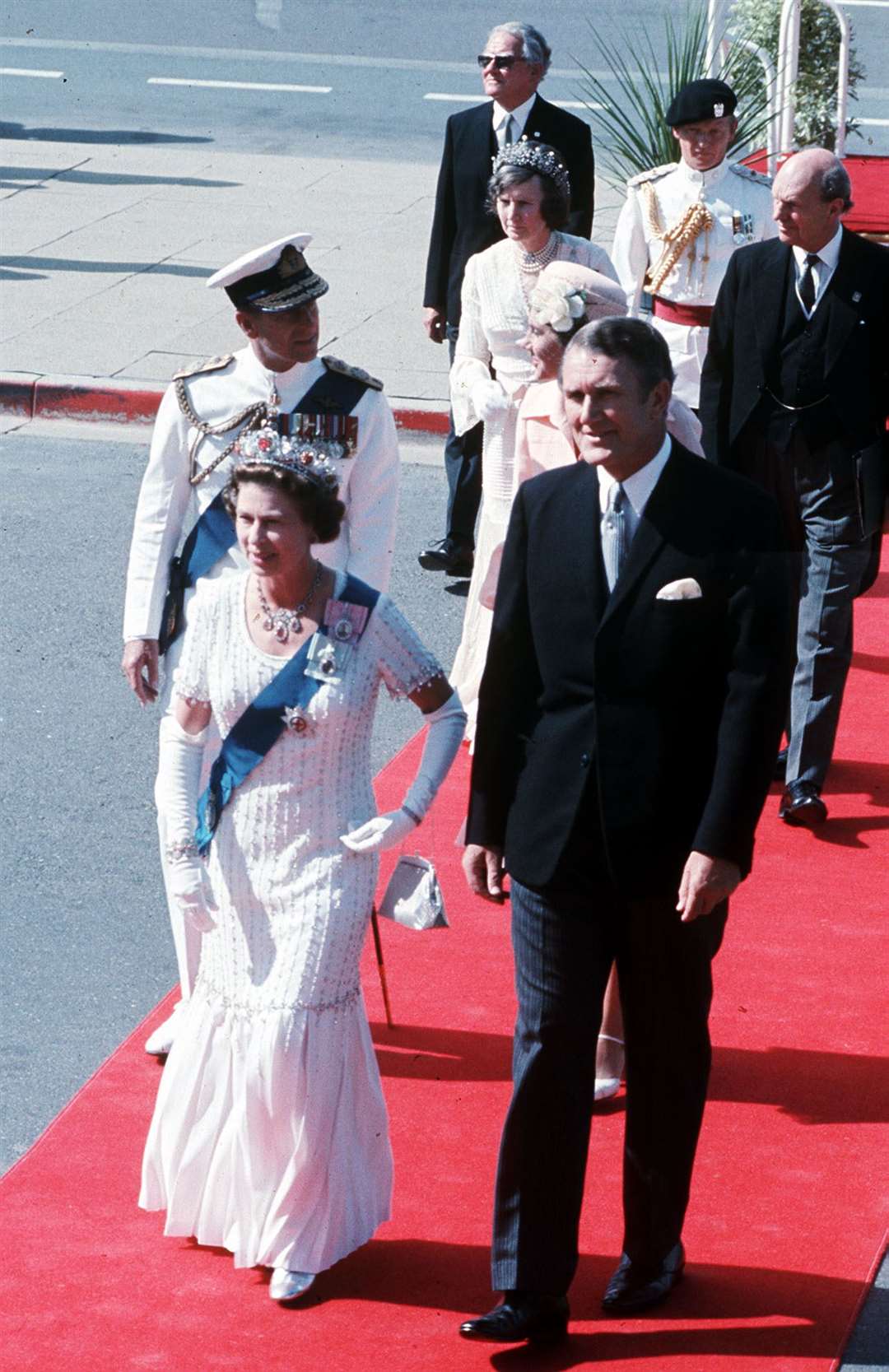 Queen Elizabeth II, accompanied by Australian Prime Minister Malcolm Fraser, followed by the Duke of Edinburgh and Mrs Fraser, when they arrived for the State Opening of Parliament in Canberra (Ron Bell/PA)