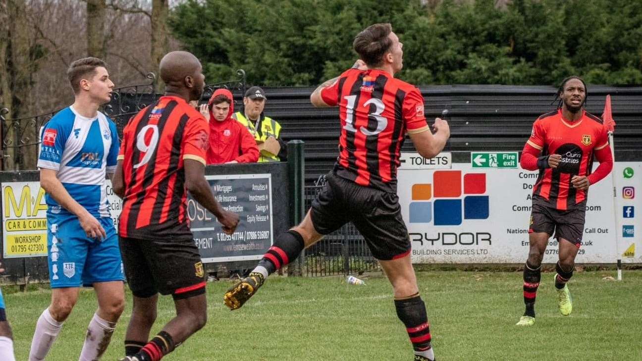 Sittingbourne FC striker, Mario Quiassaca (number 9) at the Swale derby match. Picture: Glen Smith