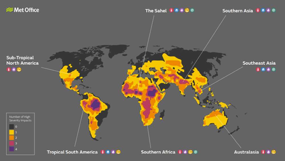 Regions where multiple severe impacts – such as heat stress risk, river flooding, drought and wildfire risk – may occur (Met Office/PA)