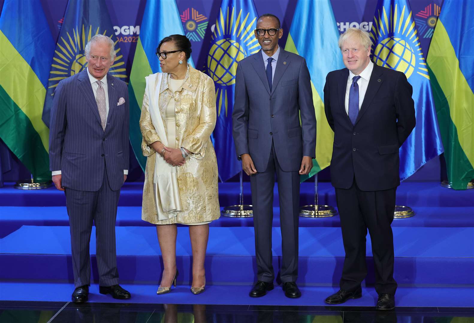 The Prince of Wales, secretary-general of the Commonwealth of Nations Baroness Scotland, President of Rwanda Paul Kagame and Prime Minister Boris Johnson (Chris Jackson/PA)