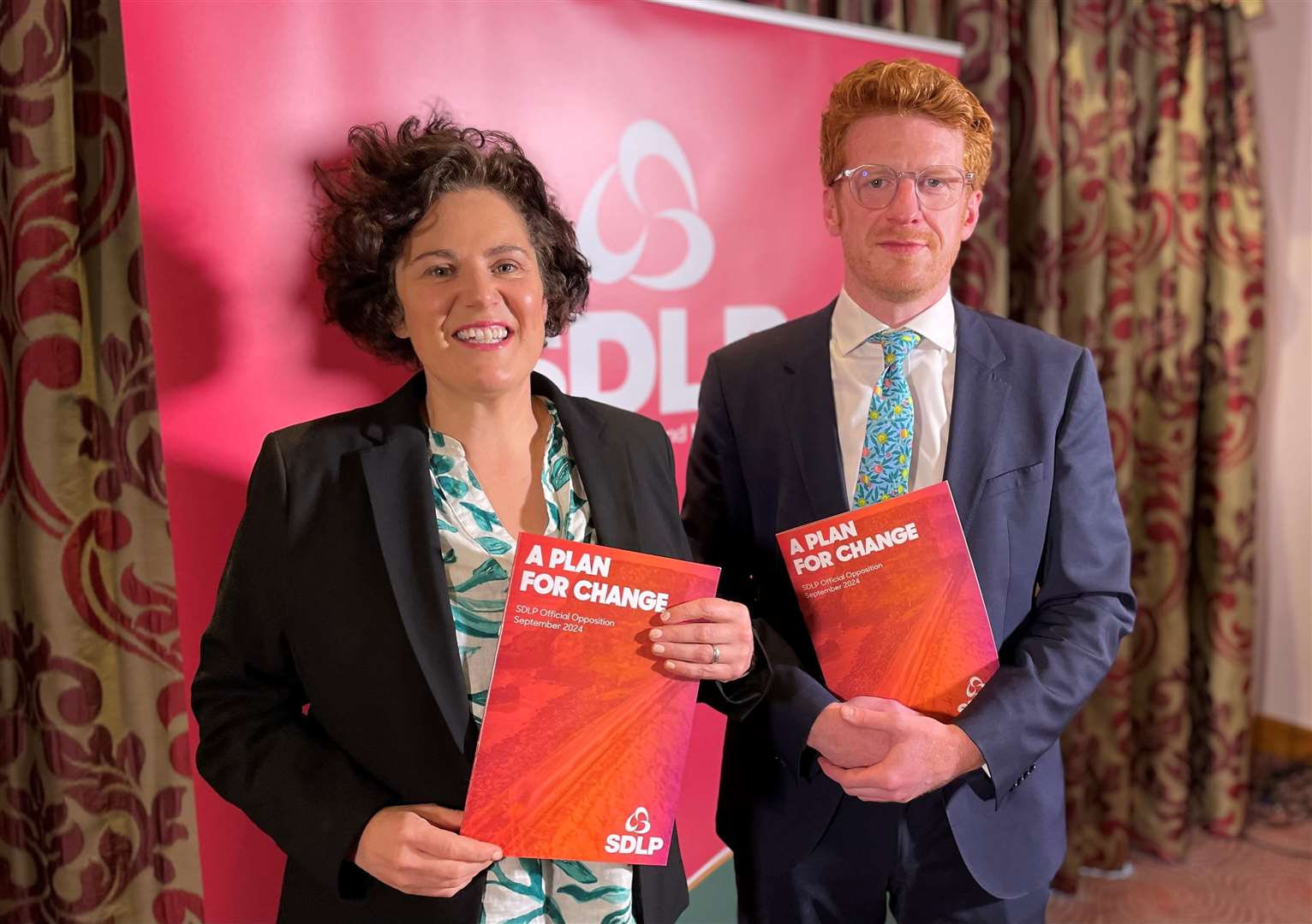 SDLP MP Claire Hanna and SDLP MLA and Opposition leader Matthew O’Toole launching the party’s ‘Plan for Change’ at Stormont Hotel in Belfast on Monday morning (David Young/PA)