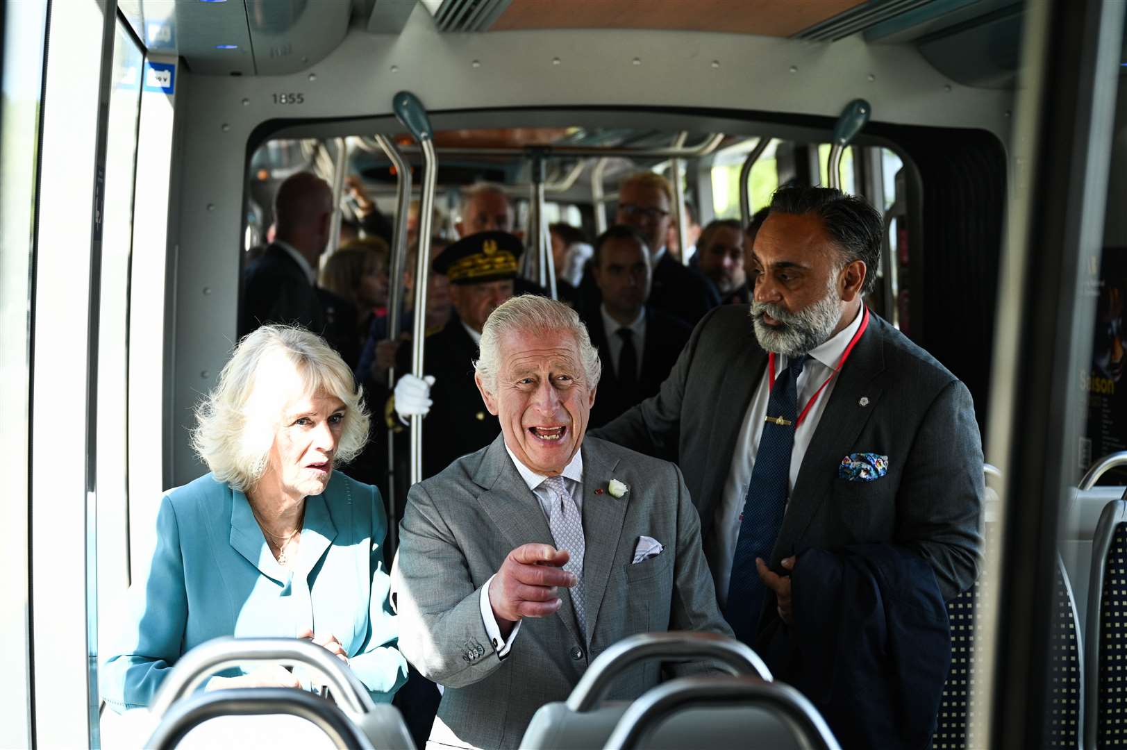 Charles and Camilla travelled by tram to a reception at Place de la Bourse in Bordeaux (Daniel Leal/PA)