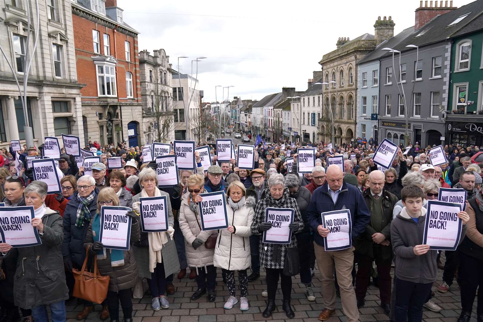 A rally outside Omagh Courthouse to unite against paramilitary violence after the shooting of John Caldwell (Brian Lawless/PA)