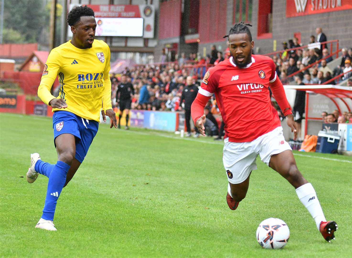 Striker Dominic Poleon drives forward for Ebbsfleet United in Saturday’s 3-0 National League loss at Stonebridge Road. Picture: Ed Miller / EUFC