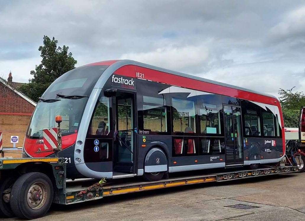 A Fastrack electric bus arrives in Kent