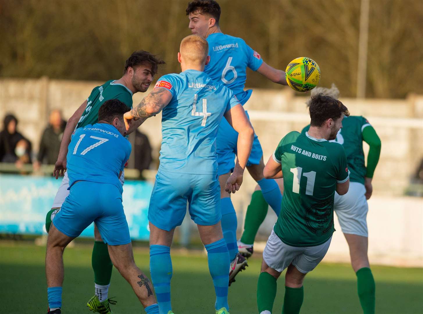 Substitute Luke Burdon heads home Ashford's equaliser against Hastings Picture: Ian Scammell