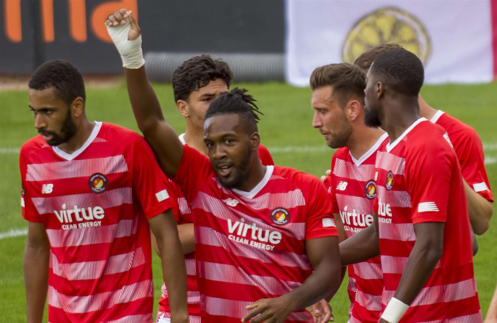 Fleet striker Dominic Poleon celebrates after scoring the opener against Dover. Picture: Ed Miller/EUFC