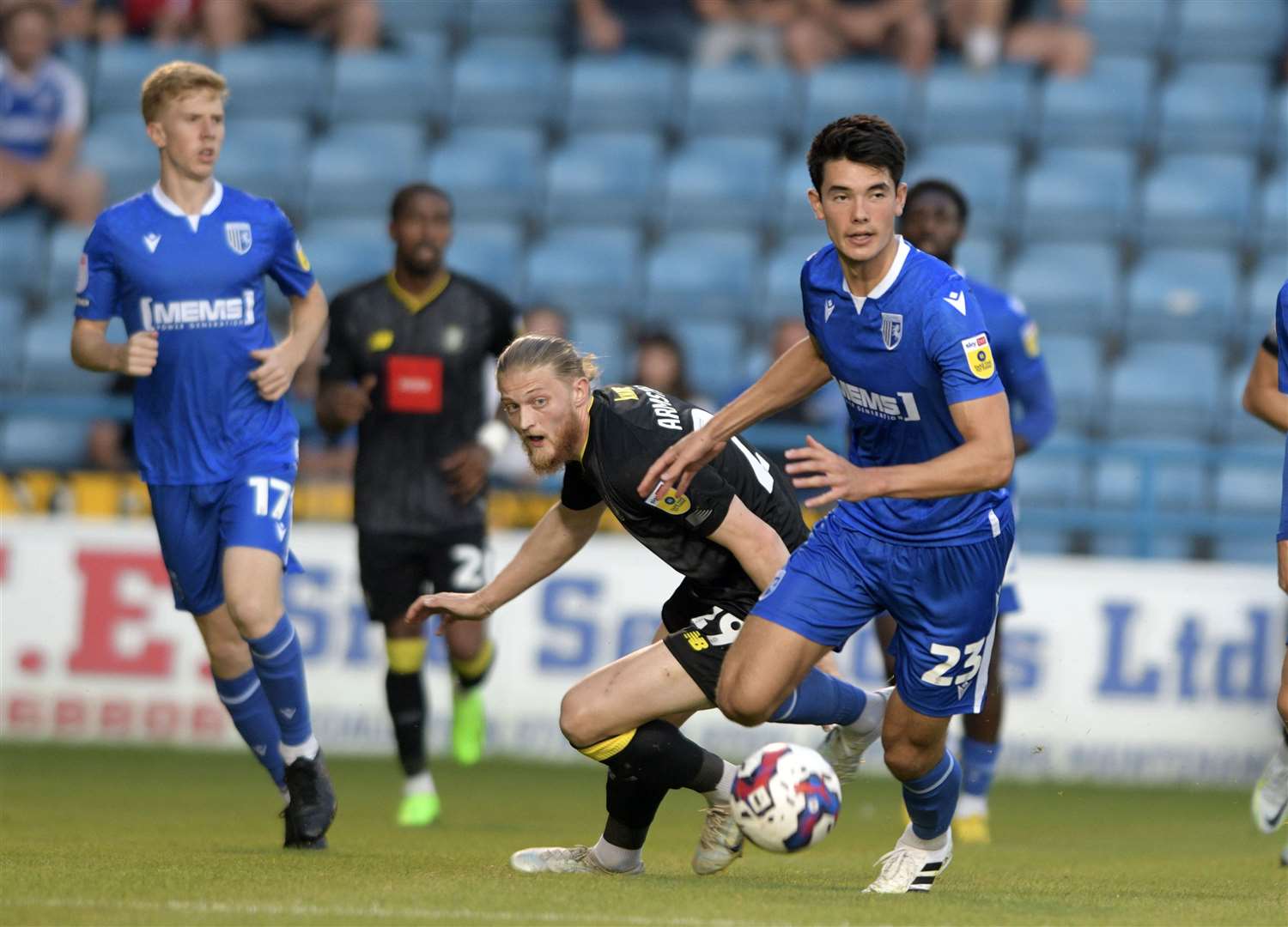 Elkan Baggott pushes forward for Gillingham at Priestfield. Picture: Beau Goodwin