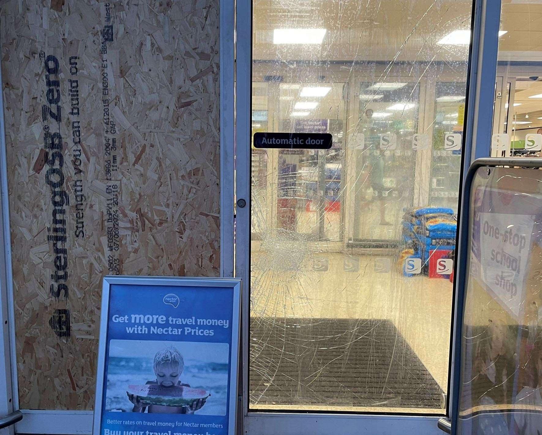 The smashed automatic door at Sainsbury's in Sittingbourne. Picture: Joe Crossley