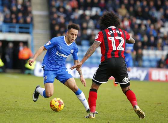 Elliott List on the ball for Gillingham Picture: Andy Jones