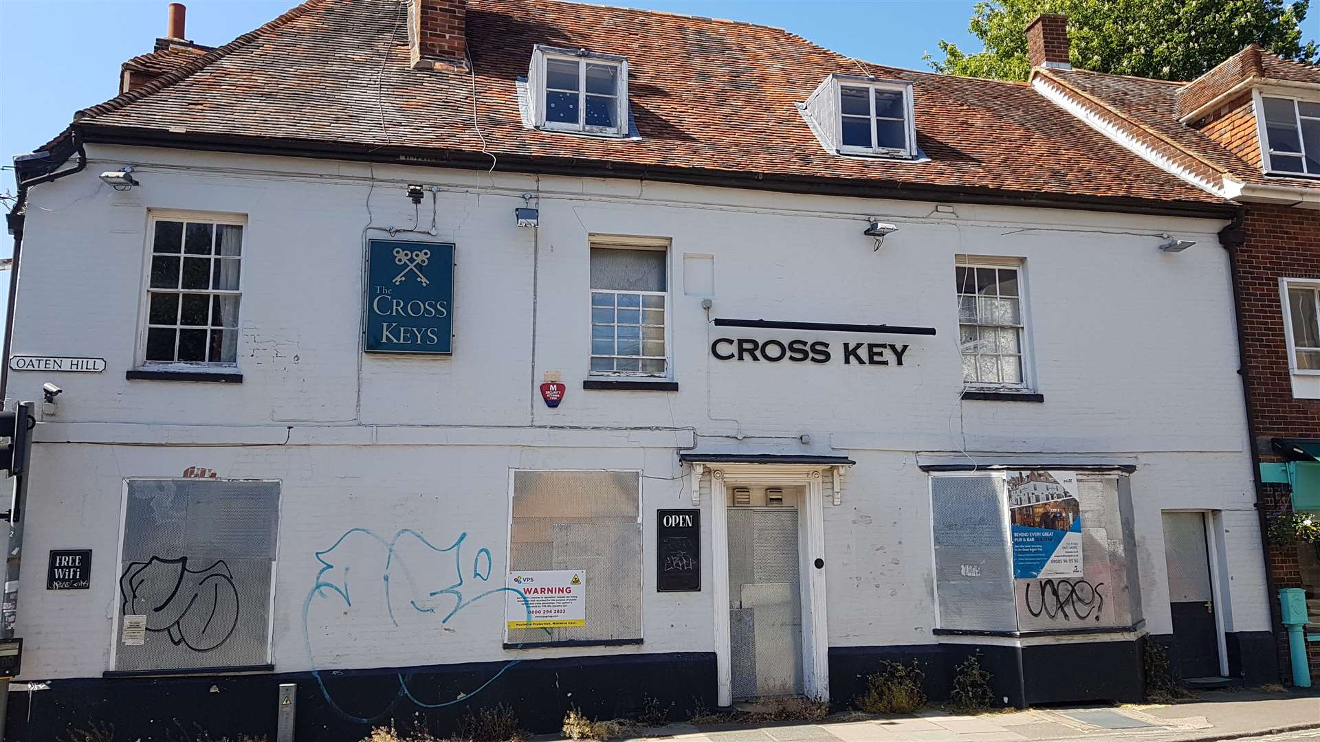 The Cross Keys in Oaten Hill, Canterbury, is still boarded up