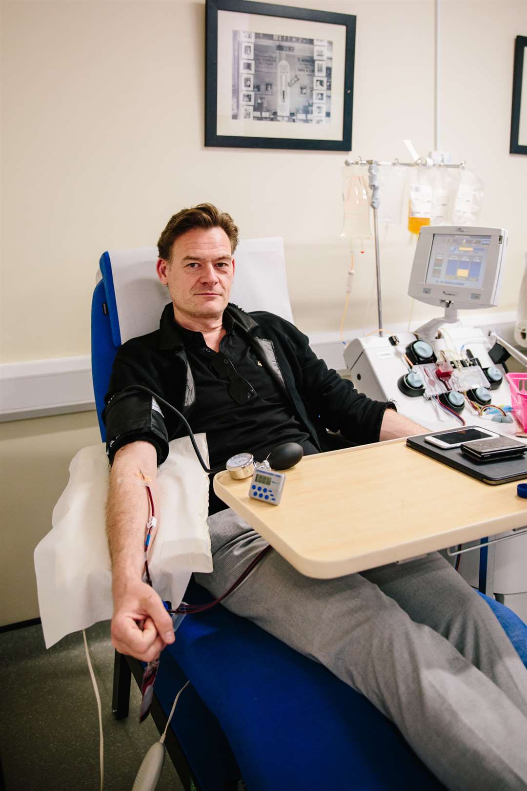 Recovered coronavirus patient Douglas James donating convalescent plasma by plasmapheresis at Tooting Blood Donor Centre, London (Kirsty Hamilton/NHSBT/PA)