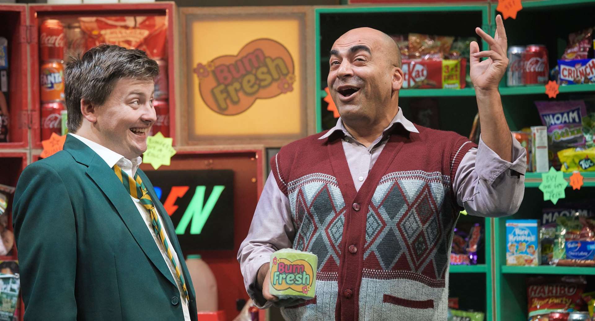 Joe (Matthew Gordon) and Raj (Aosaf Afzal) in Billionaire Boy Live on Stage written by David Walliams Picture: Mark Douet