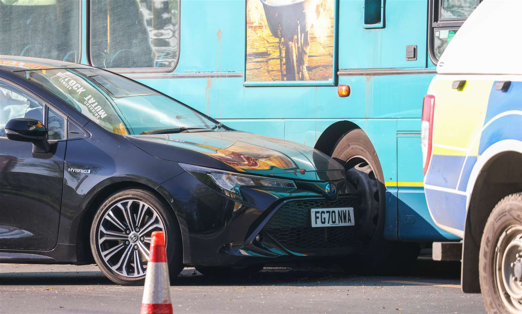 The front of the car collided with the side of the bus. Picture: UKNIP