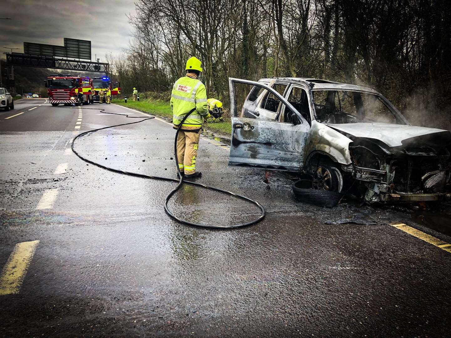 Fire crews on the scene Picture: @KentPoliceRoads