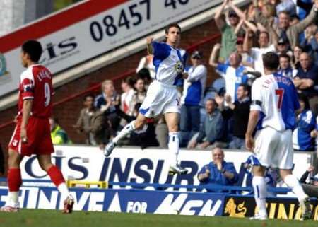 Matt Derbyshire celebrates Blackburn's fourth goal. Picture: MATT WALKER