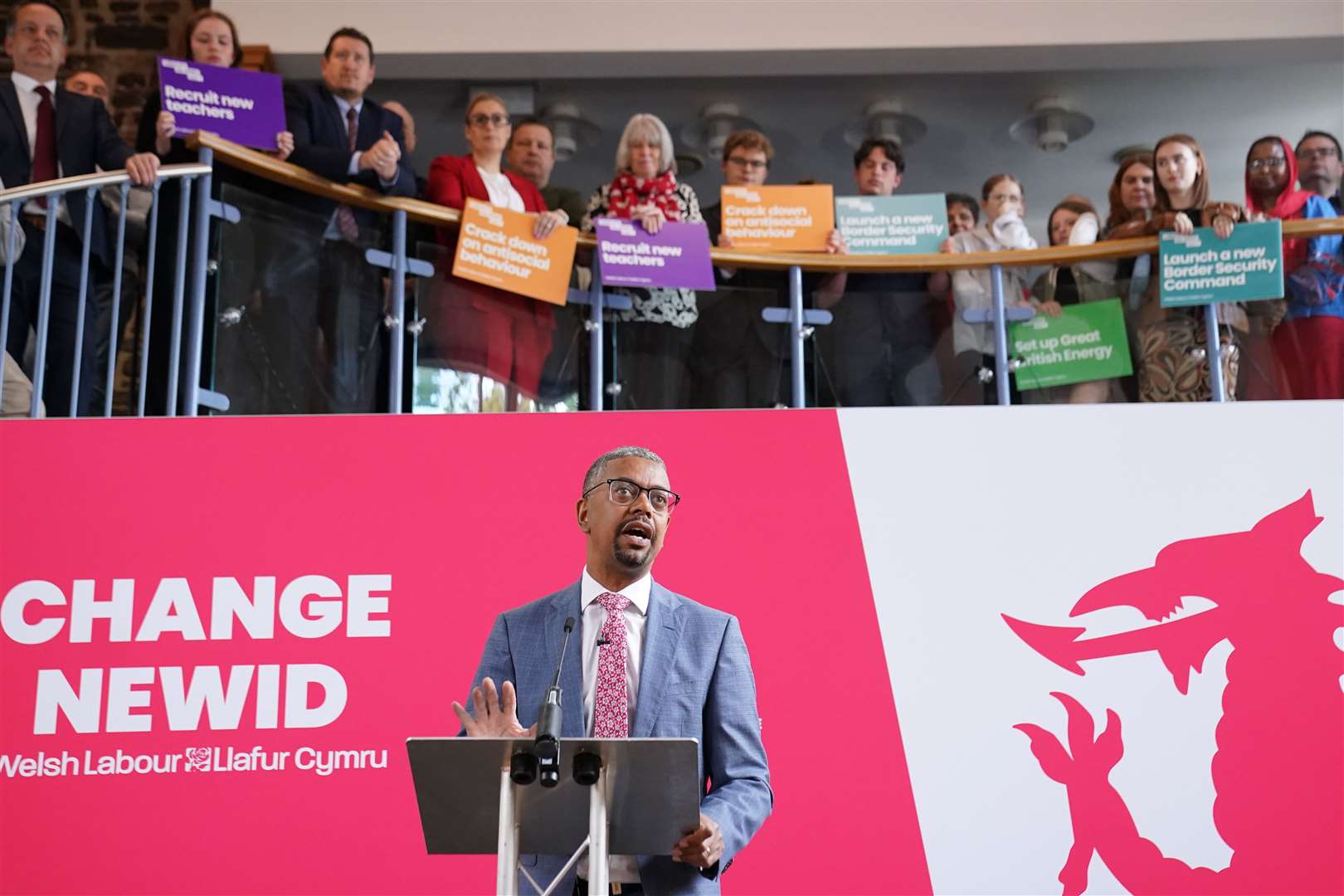 First Minister of Wales Vaughan Gething rallies the Labour faithful in Abergavenny (Stefan Rousseau/PA)