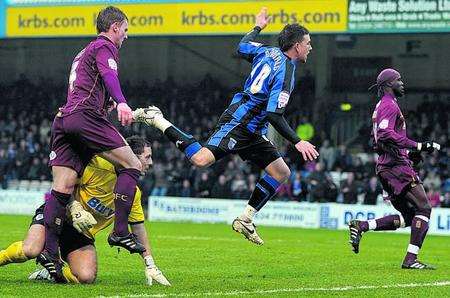 Cody McDonald in action for Gillingham in their 1-1 draw with Bury at Priestfield
