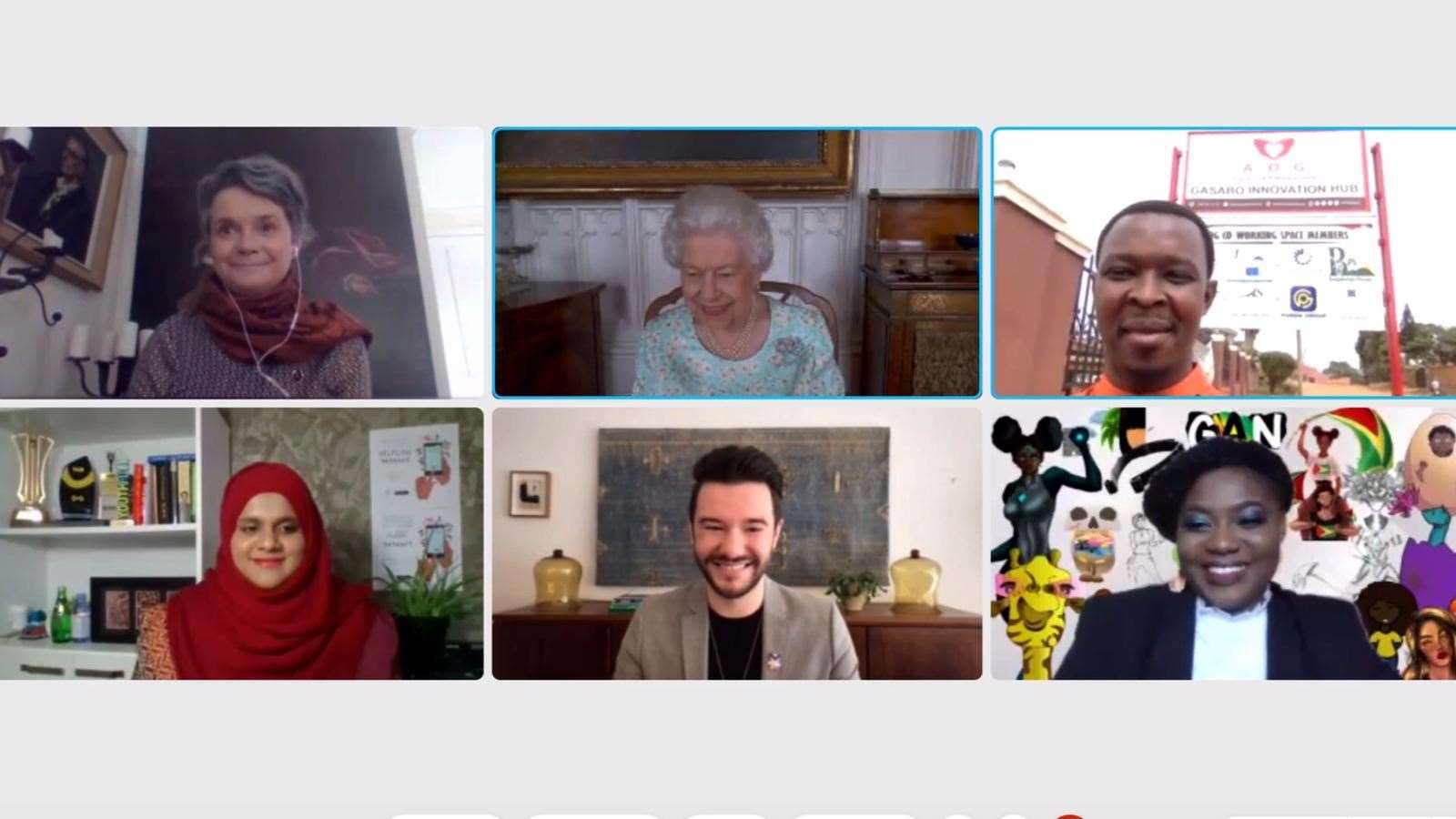 The Queen chats to Nicola Brentnall, founder of the Queen’s Commonwealth Trust, (top left) and young leaders, (top right) Jean d’Amour Mutoni and (bottom row L-R) – Safaath Ahmed Zahir, Brad Gudger and Jubilante Cutting (Buckingham Palace/PA)