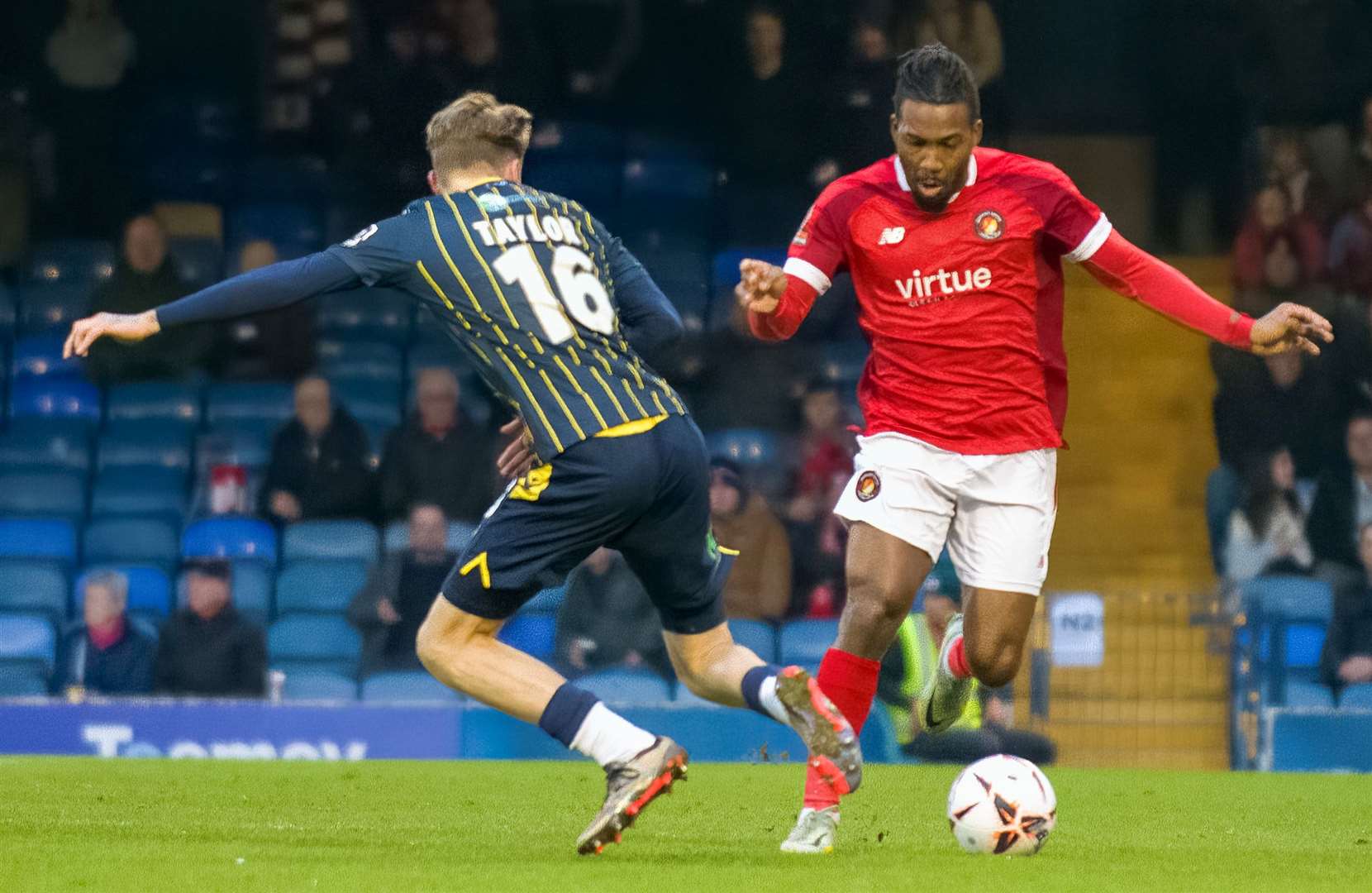 Ebbsfleet forward Dominic Poleon takes on Southend’s Harry Taylor. Picture: Ed Miller/EUFC