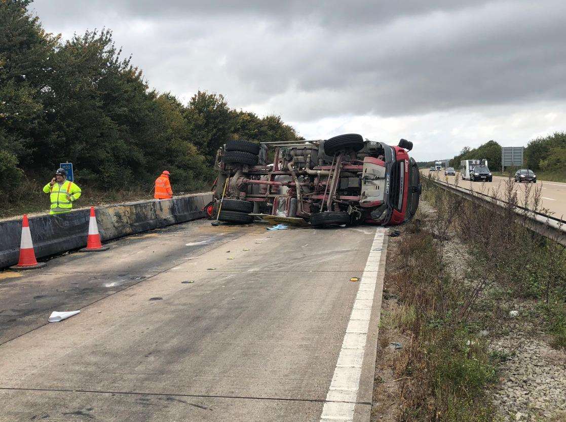The overturned cement mixer. Picture: Kent Police RPU