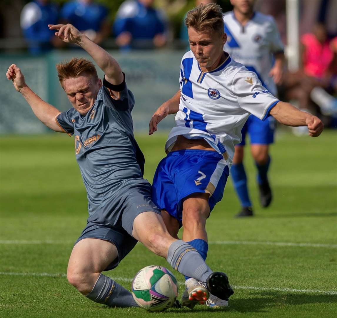 Robbie Roberts tries to get a shot away for Bearsted in their opening-day 1-1 Southern Counties East Premier Division home draw against Stansfeld. Picture: Ian Scammell