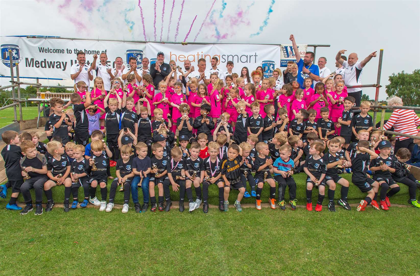 Andy Hessenthaler joins the players and coaches of Medway United for their end of season trophy presentation on Sunday Picture: Kent Pro Images