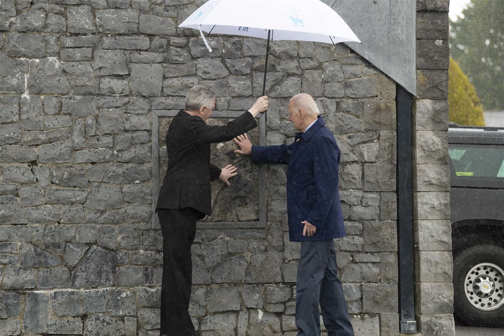 US President Joe Biden visiting Knock Shrine and Basilica in Mayo with Fr Richard Gibbons (Andrew Downes/Julien Behal Photography/PA)