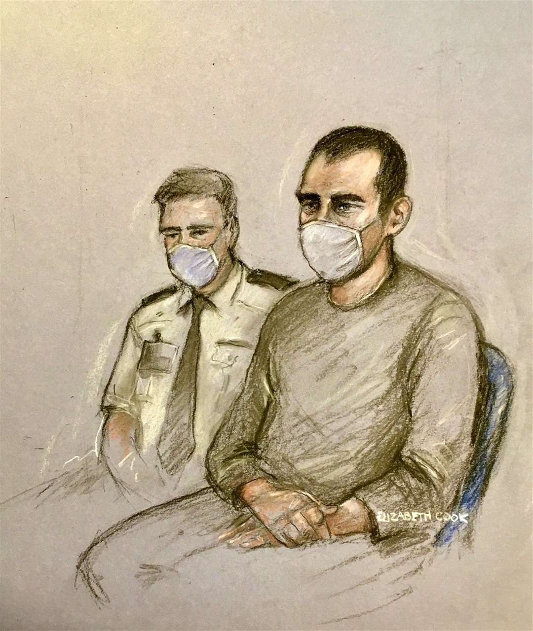 Court artist sketch of Damien Bendall appearing in the dock at Derby Crown Court (Elizabeth Cook/PA)