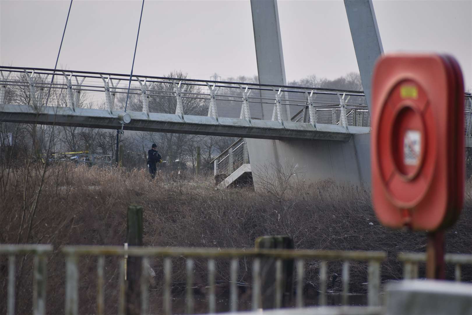 The scene near the Diglis footbridge in Worcester after the body of Christina Rowe was found in the River Severn (Matthew Cooper/PA)