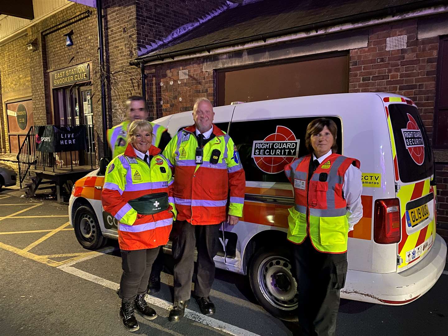 Darren Cook, Liz Harris, David Turner, Caroline Turner are Right Guard security officers who work as street marshals for universities in Canterbury