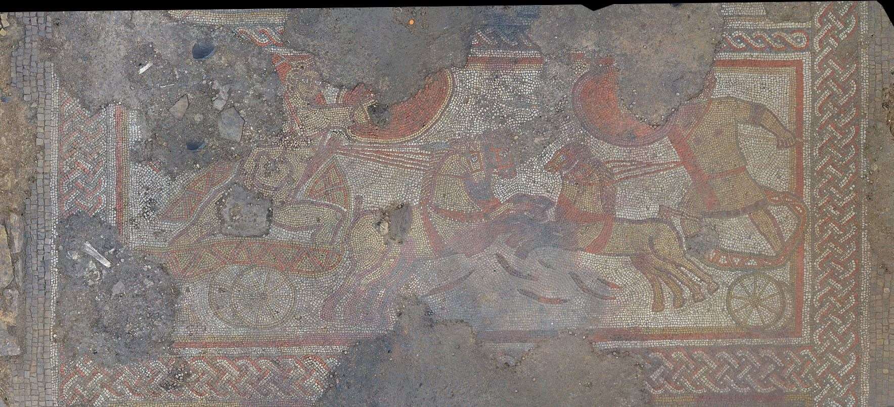 The mosaic depicts one of the famous battles of antiquity – the fight between Achilles and Hector during the Trojan War (University of Leicester Archaeological Services/PA)