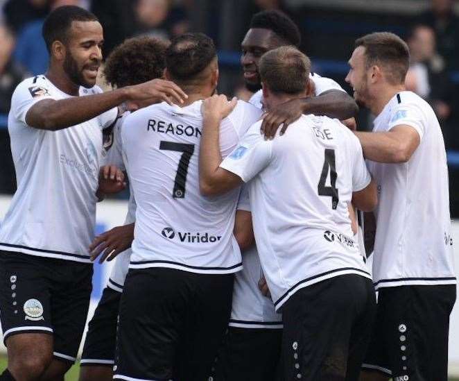 Dover celebrate Bobby-Joe Taylor's stunning free-kick against Notts County Picture: Alan Langley